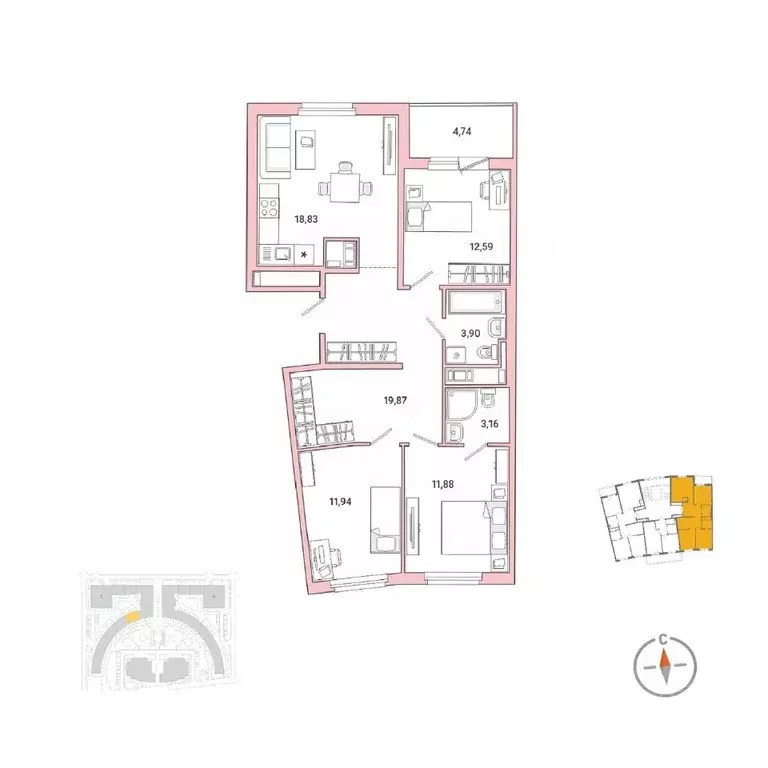 3-к кв. Санкт-Петербург наб. Реки Каменки, 11к1 (85.5 м) - Фото 0