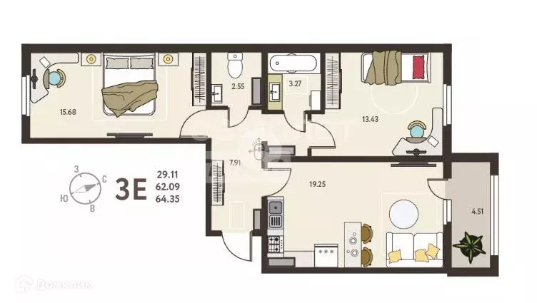 Продаётся 2-к квартира, 64.35 м - Фото 1