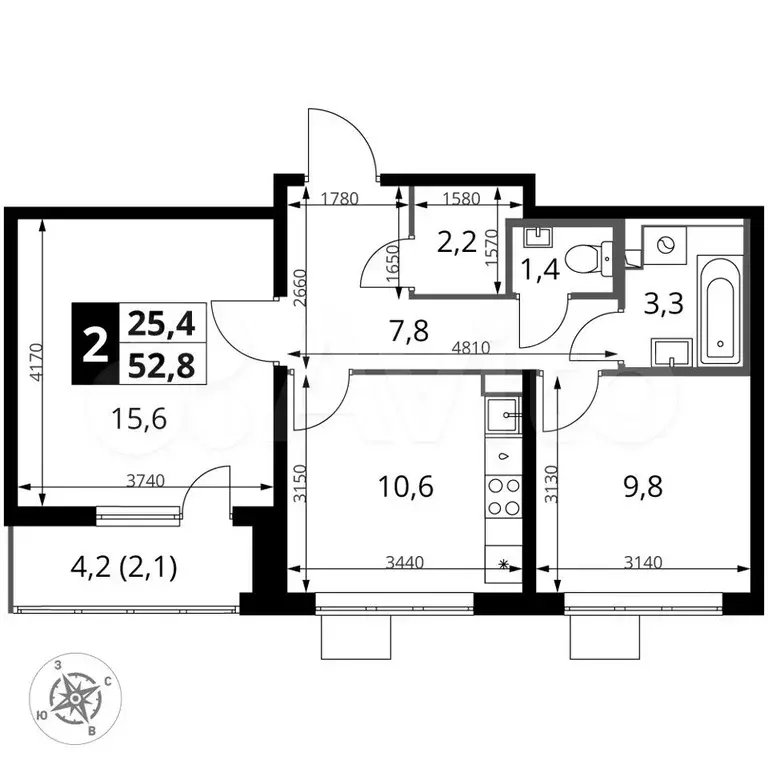 2-к. квартира, 52,8 м, 13/25 эт. - Фото 0