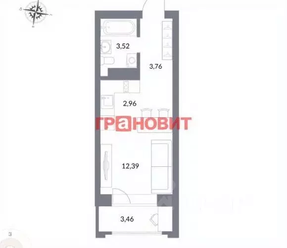 Студия Новосибирская область, Новосибирск ул. Державина, 50 (25.2 м) - Фото 1