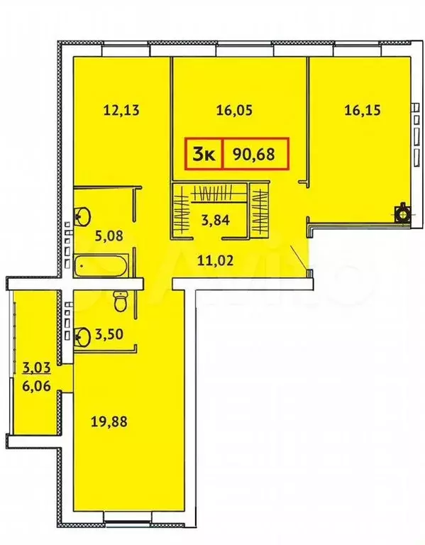 3-к. квартира, 90,7 м, 4/9 эт. - Фото 0