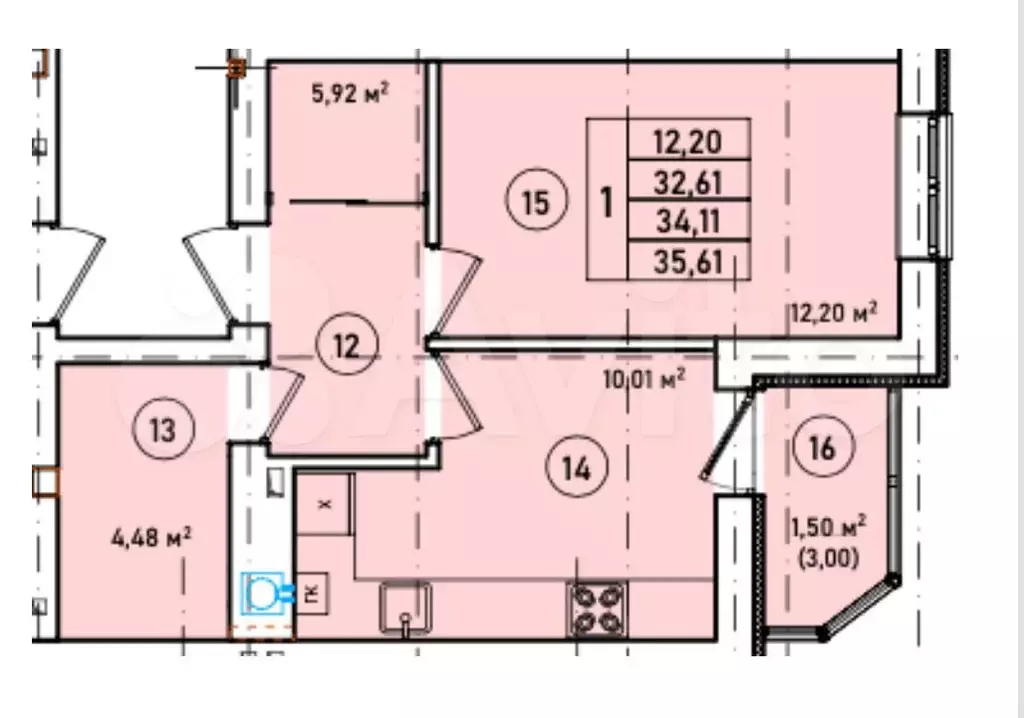1-к. квартира, 35,6 м, 6/7 эт. - Фото 1