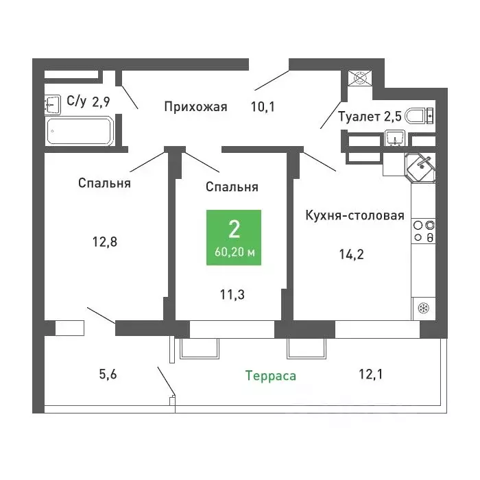 2-к кв. Воронежская область, Воронеж ул. Остужева, 52/5 (61.0 м) - Фото 0