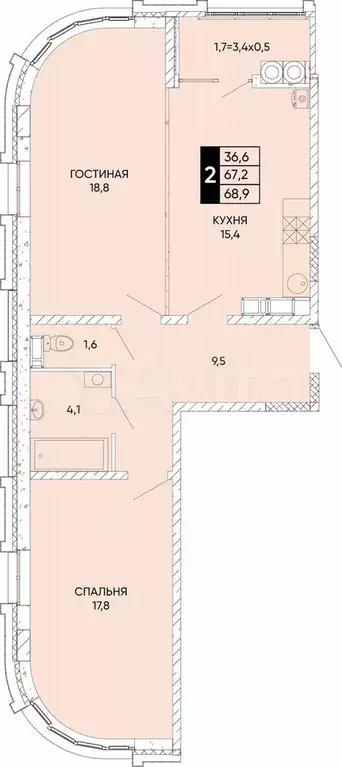 2-к. квартира, 68,9 м, 19/24 эт. - Фото 0