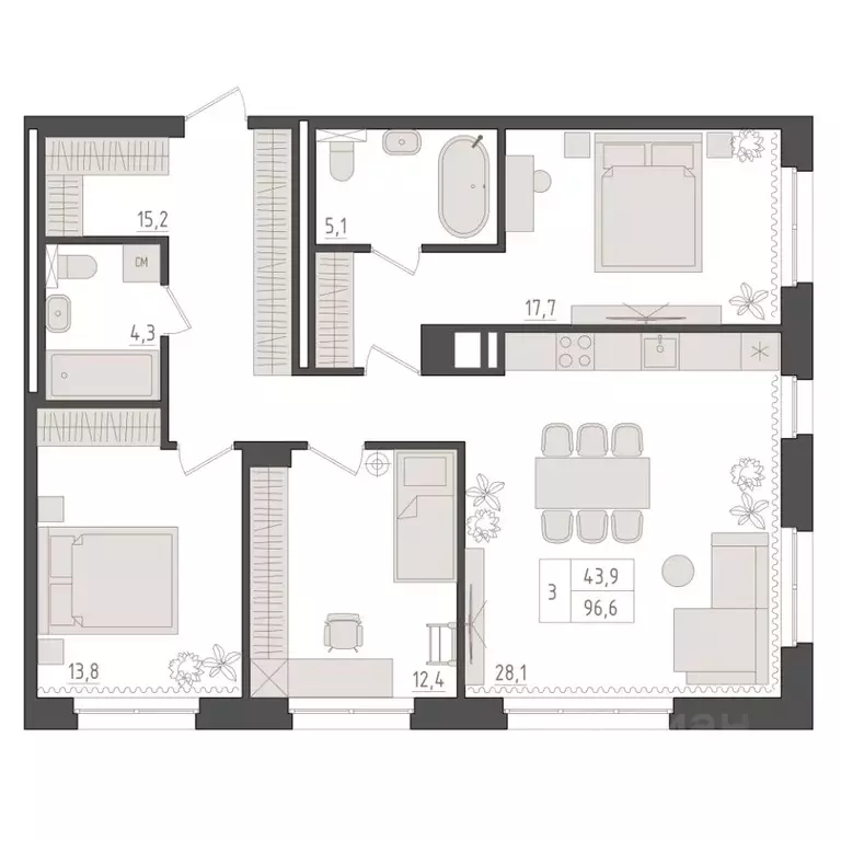3-к кв. Башкортостан, Уфа 563-й кв-л,  (96.6 м) - Фото 1