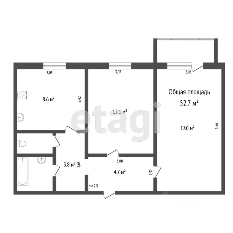 2-к кв. Брянская область, Брянск Авиационная ул., 1 (52.7 м) - Фото 1