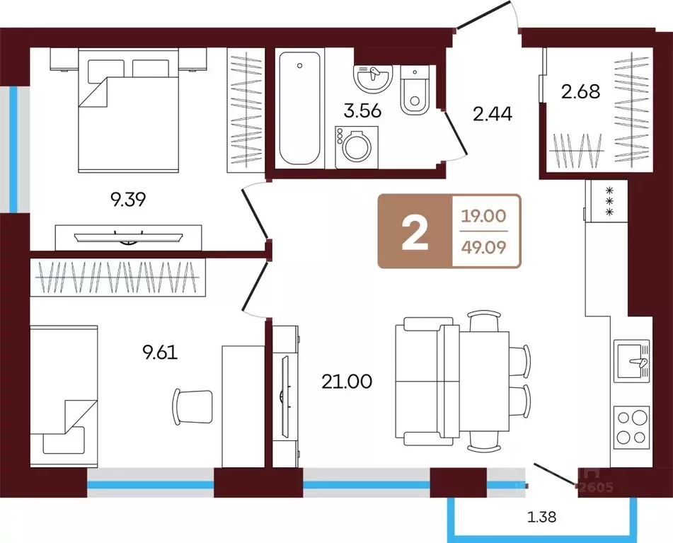 2-к кв. Башкортостан, Иглинский район, с. Акбердино  (49.09 м) - Фото 1