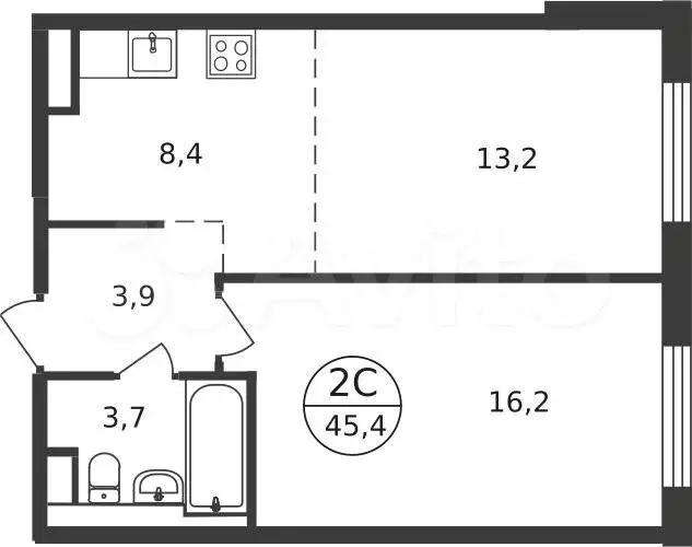 2-к. квартира, 45,4 м, 3/9 эт. - Фото 0