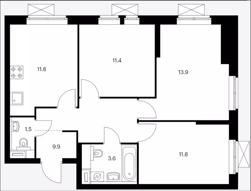 Квартира, 3 комнаты, 63.9 м - Фото 2