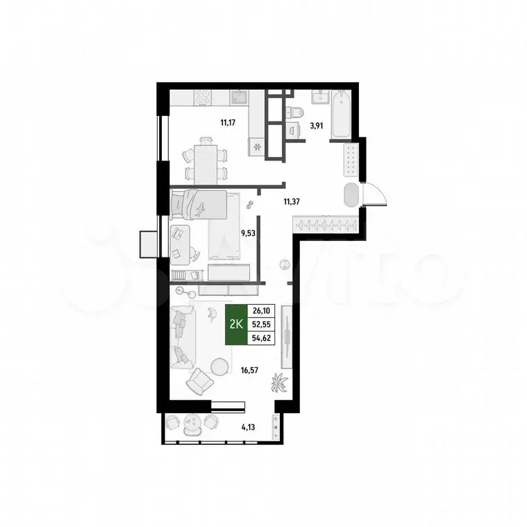 2-к. квартира, 54,6 м, 8/8 эт. - Фото 1