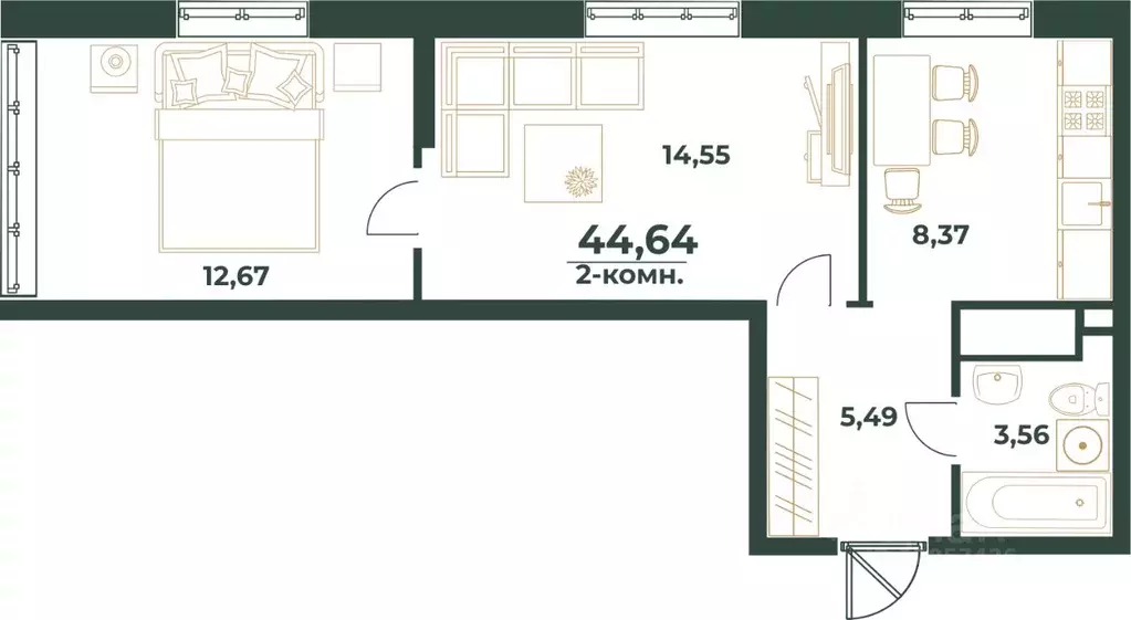 2-к кв. Башкортостан, Уфа ул. Ивана Спатара, 14 (44.64 м) - Фото 1