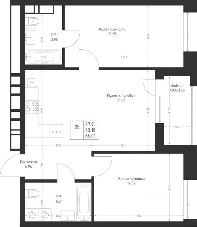 2-к кв. Татарстан, Казань Седьмое Небо жилрайон,  (65.01 м) - Фото 2