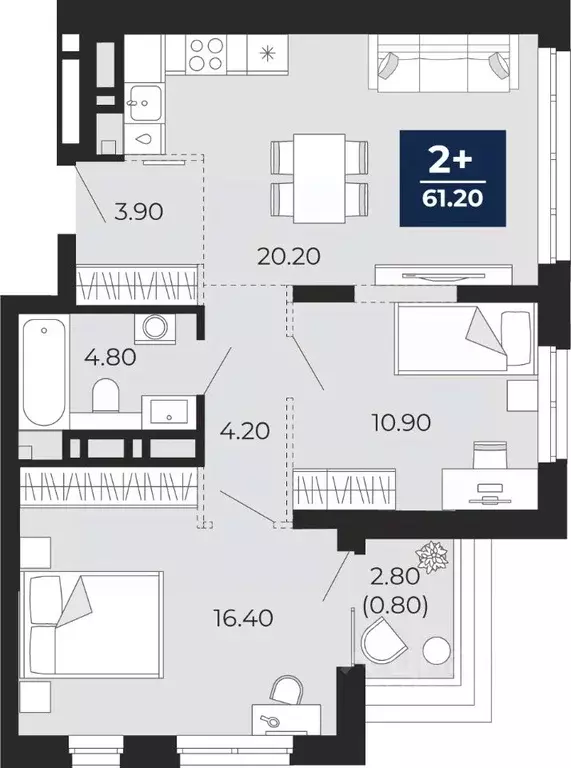 2-к кв. Тюменская область, Тюмень ул. Пожарных и Спасателей, 2 (61.2 ... - Фото 0