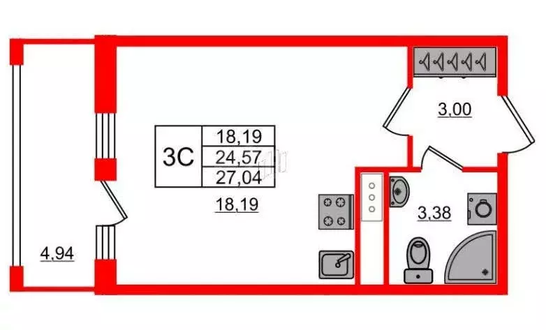 Квартира-студия: деревня Новосаратовка, Яркая улица, 2к2 (24.57 м) - Фото 1