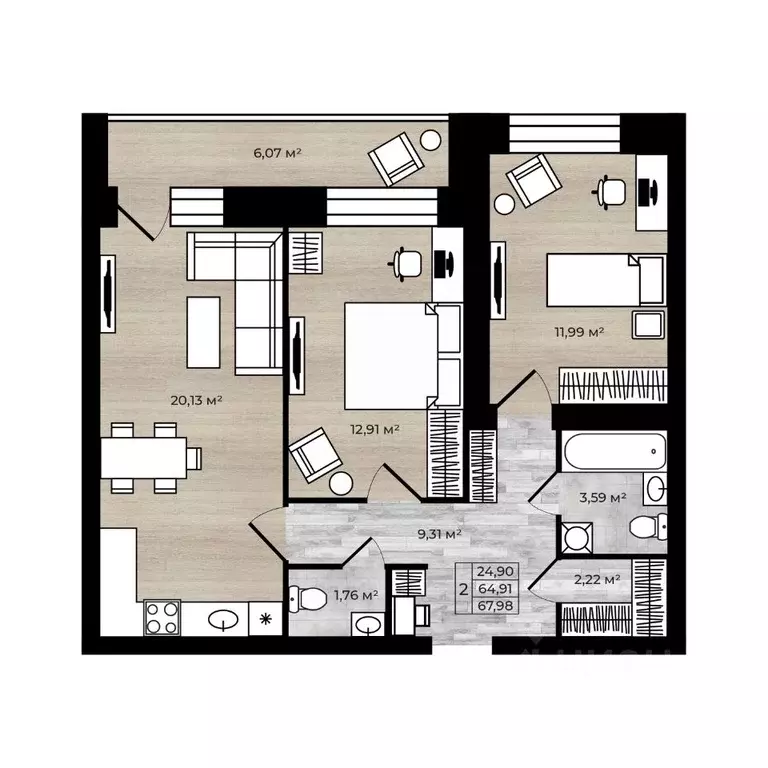 2-к кв. Ярославская область, Ярославль Тормозное ш. (67.98 м) - Фото 1
