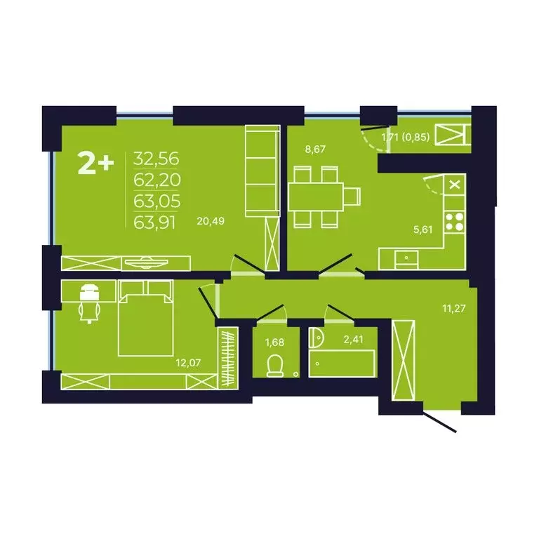 2-комнатная квартира: Уфа, улица Майора Доставалова, 7 (63 м) - Фото 1