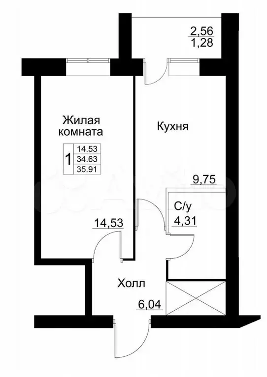1-к. квартира, 35,9 м, 1/9 эт. - Фото 1
