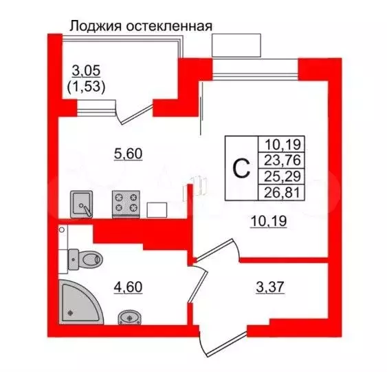 Квартира-студия, 26,8 м, 4/6 эт. - Фото 1