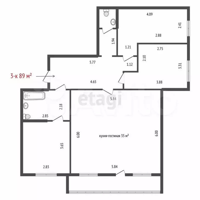 3-к. квартира, 89 м, 3/10 эт. - Фото 0