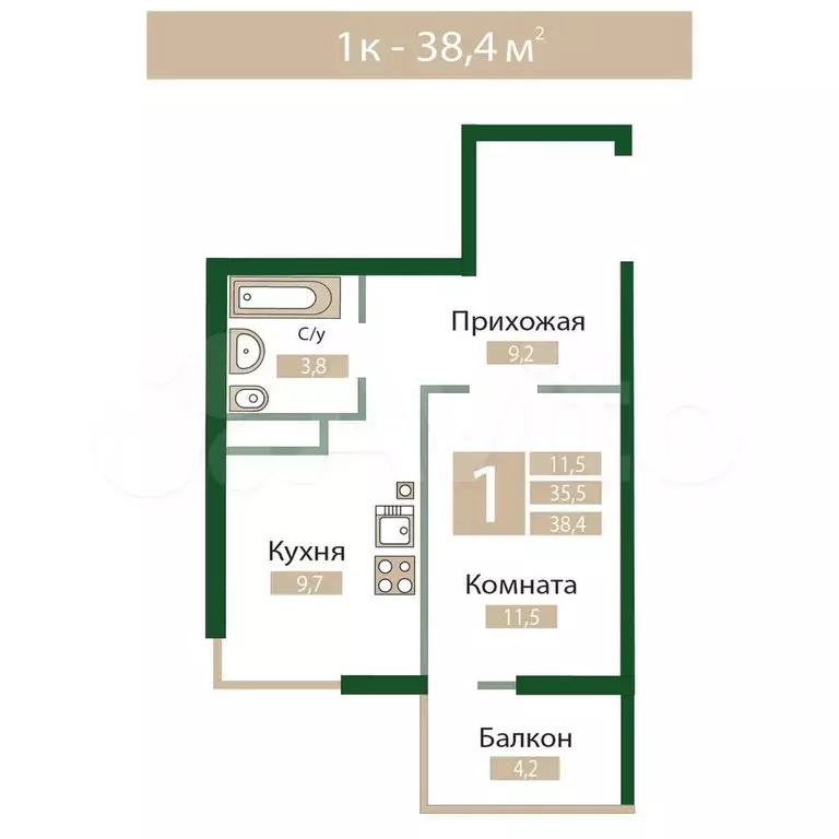 1-к. квартира, 38,4 м, 5/12 эт. - Фото 0