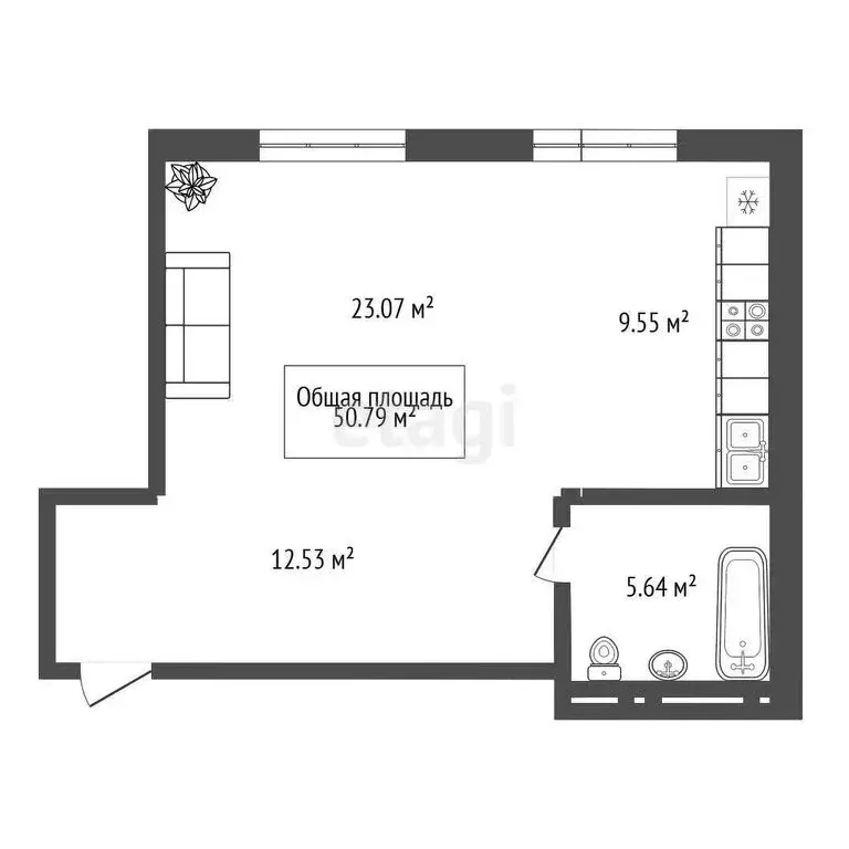 Квартира-студия: Новосибирск, улица Дмитрия Донского, 25/1 (50.7 м) - Фото 1