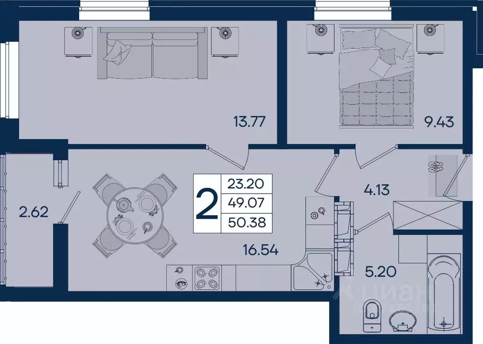 2-к кв. Краснодарский край, Краснодар  (50.38 м) - Фото 1