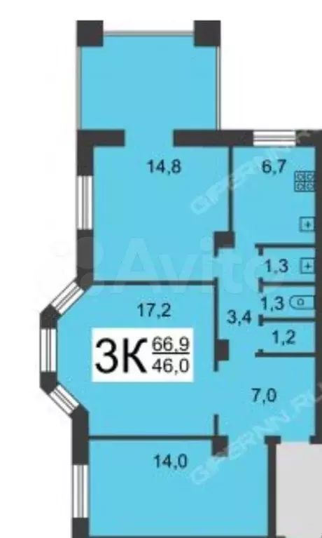 Комната 17,2 м в 3-к., 2/3 эт. - Фото 1