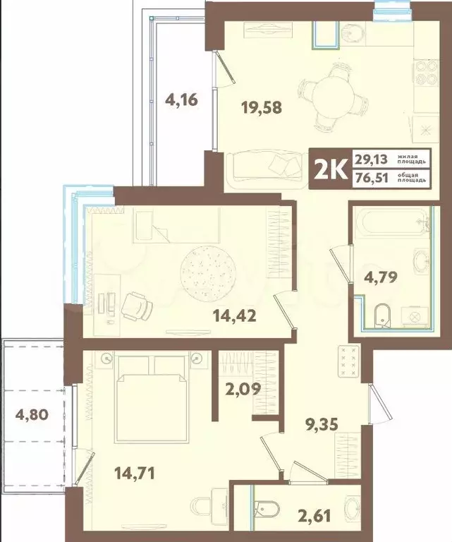 2-к. квартира, 76 м, 4/4 эт. - Фото 0