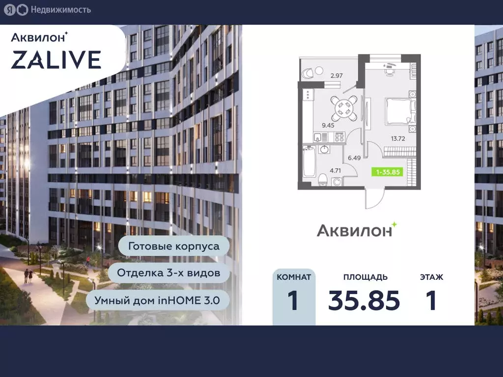 1-комнатная квартира: Санкт-Петербург, бульвар Головнина, 6к1 (35.9 м) - Фото 0