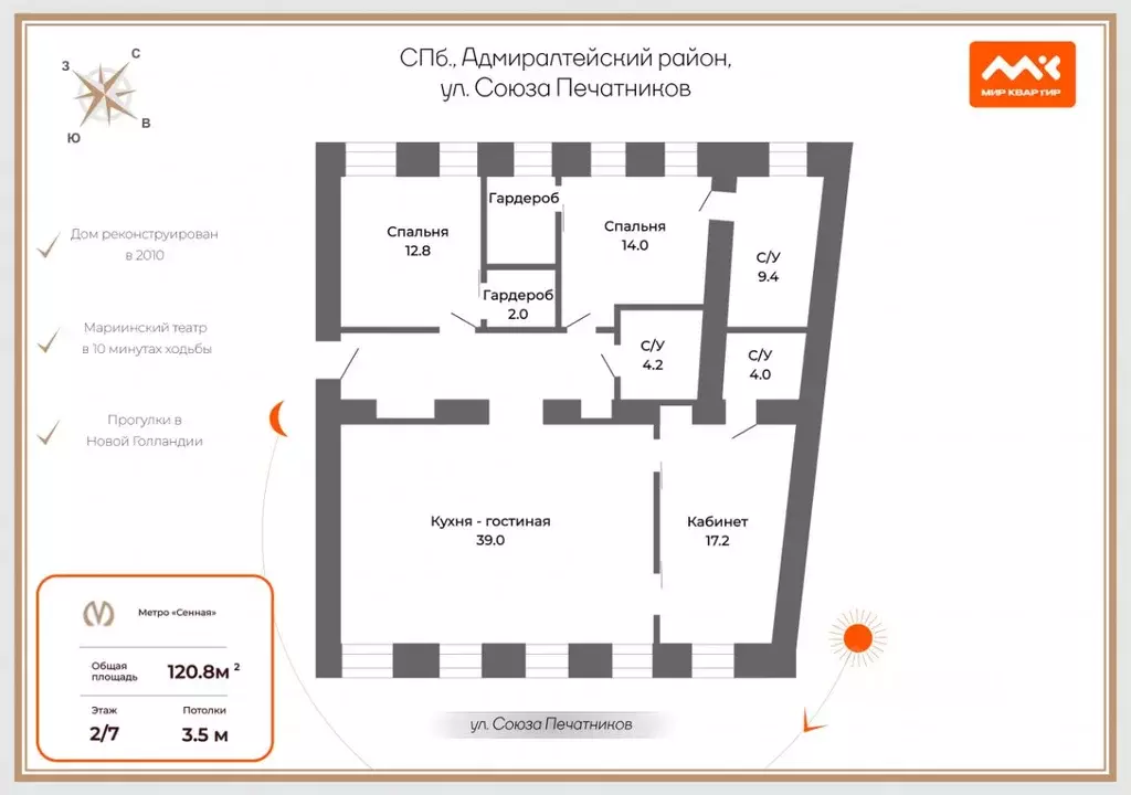 4-к кв. Санкт-Петербург ул. Союза печатников, 28/29 (120.8 м) - Фото 2