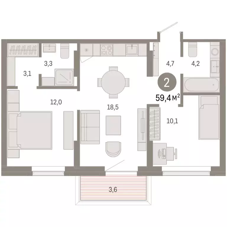 2-комнатная квартира: Омск, Кировский округ (59.41 м) - Фото 1