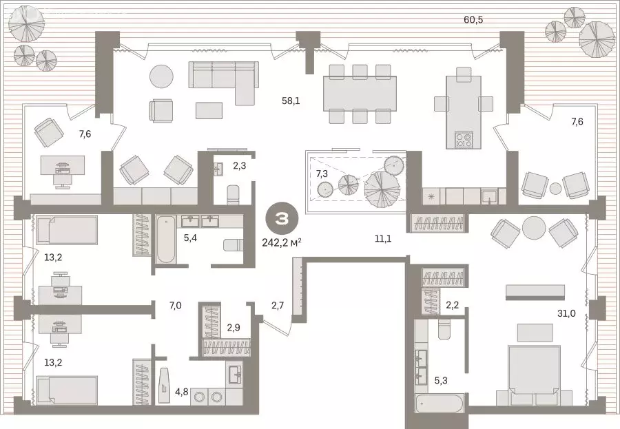 3-комнатная квартира: Новосибирск, улица Никитина, 10к8 (242.18 м) - Фото 1