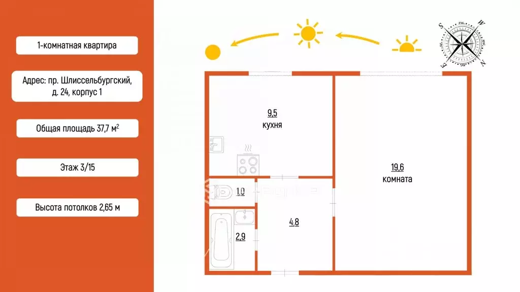 1-к кв. Санкт-Петербург Шлиссельбургский просп., 24К1 (37.7 м) - Фото 2