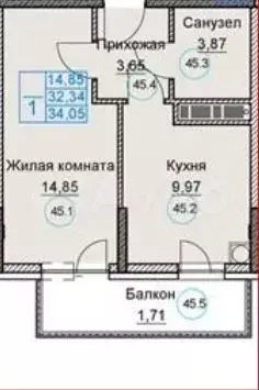 1-к. квартира, 32,3 м, 7/8 эт. - Фото 1