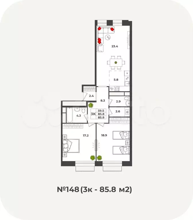 3-к. квартира, 86,8 м, 3/5 эт. - Фото 1