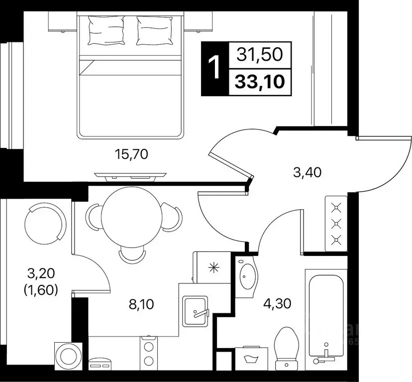 1-к кв. Ростовская область, Ростов-на-Дону Эстет жилой комплекс (33.1 ... - Фото 1