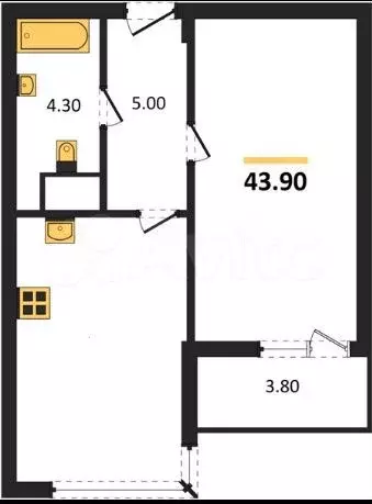 1-к. квартира, 43,9 м, 4/9 эт. - Фото 0