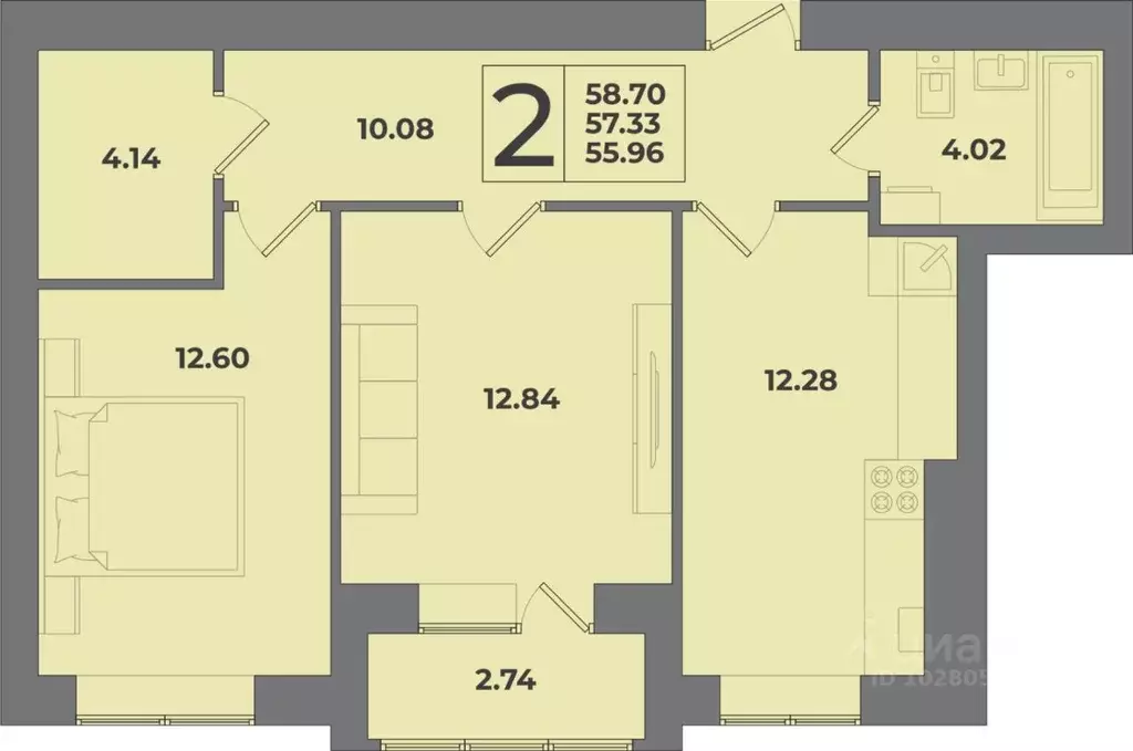 2-к кв. Калининградская область, Калининград Петровский мкр,  (58.7 м) - Фото 1