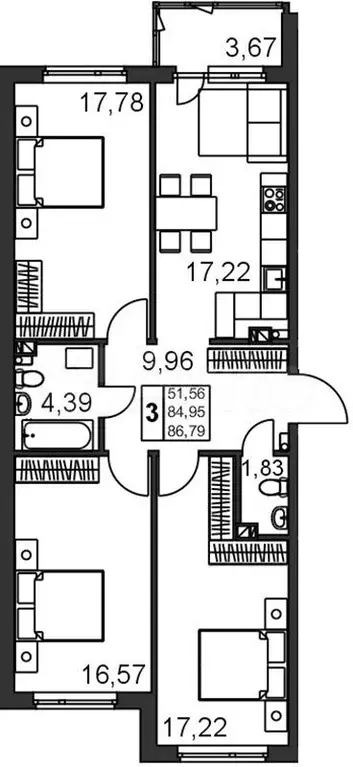 3-к. квартира, 88 м, 4/5 эт. - Фото 0