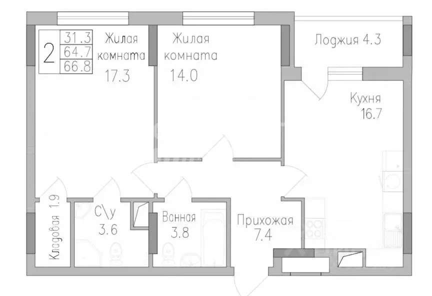 2-к кв. Липецкая область, Липецк ул. Тельмана, 120 (66.7 м) - Фото 2
