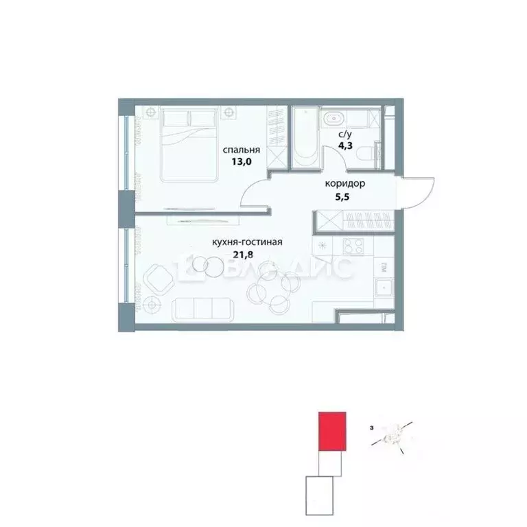 1-комнатная квартира: Москва, улица Василия Ланового, 7с1 (45.8 м) - Фото 1