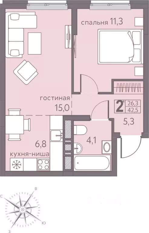 Студия Пермский край, Пермь ул. Серебристая, 5 (42.5 м) - Фото 1