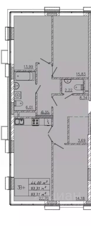 3-к кв. Татарстан, Казань ул. Сибгата Хакима, 62 (93.31 м) - Фото 2