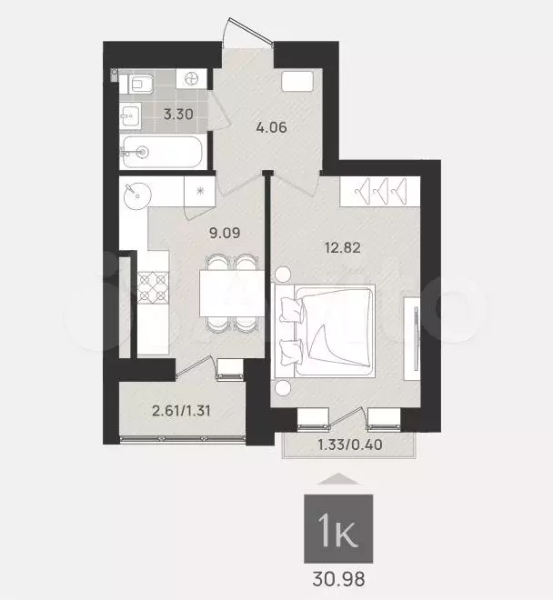 1-к. квартира, 30,9 м, 9/9 эт. - Фото 1