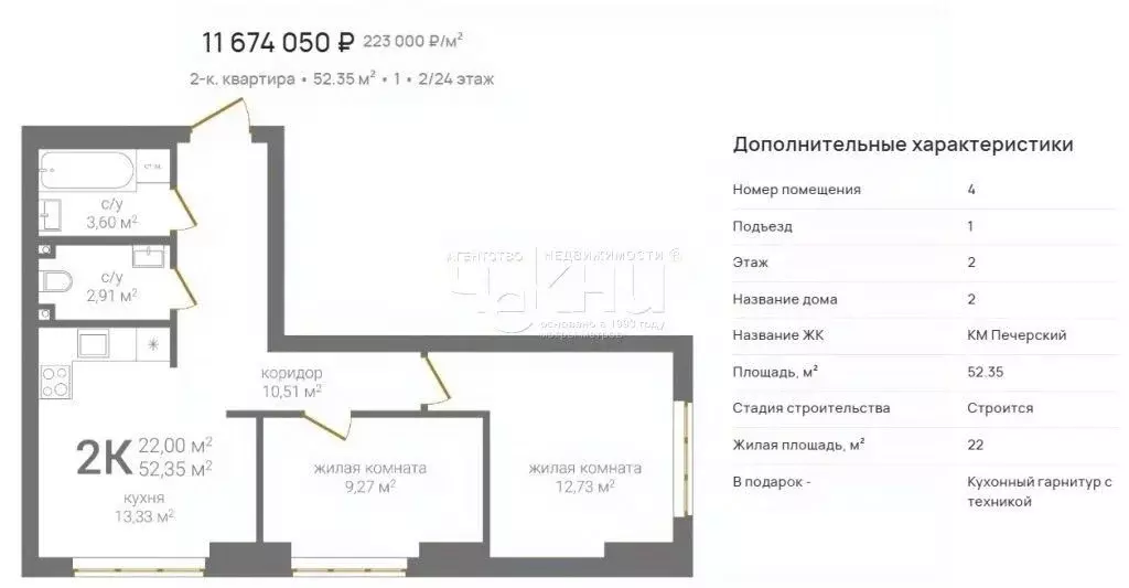 2-к кв. Нижегородская область, Нижний Новгород KM Печерский жилой ... - Фото 2