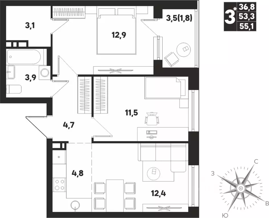 3-к кв. Пермский край, д. Кондратово ул. Парфенова, 5 (55.1 м) - Фото 0