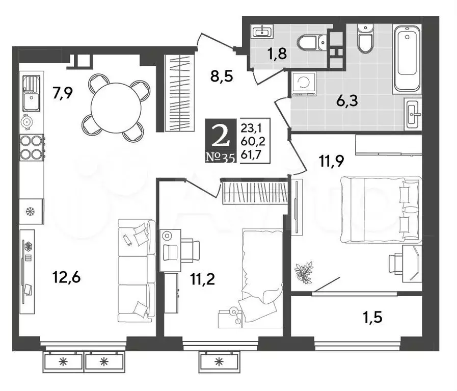 2-к. квартира, 61,7м, 8/9эт. - Фото 0