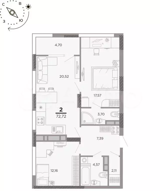 2-к. квартира, 72,7 м, 9/25 эт. - Фото 1