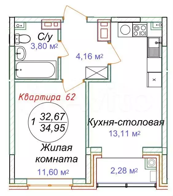 1-к. квартира, 35 м, 4/5 эт. - Фото 1