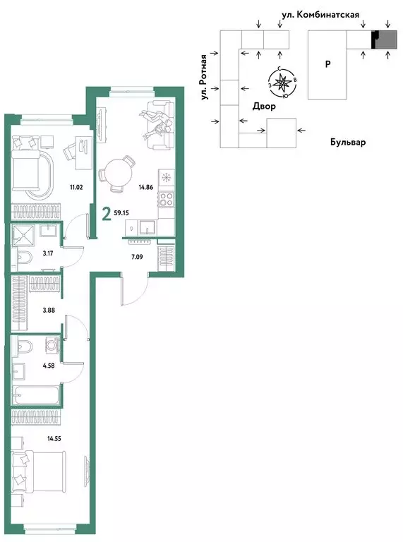 2-комнатная квартира: Екатеринбург, Ленинский район (59.15 м) - Фото 1